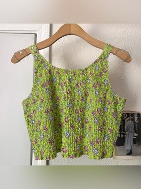 AT LAST & CO. green floral cotton smocked high‎ crew neck cropped tank top